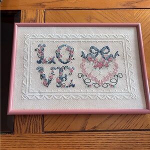 Vintage Love Cross-Stitch Art with Pink Frame